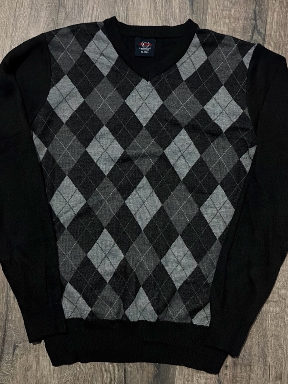 Cambridge Classics Argyle Knit Sweater Black Grey XL but fits M